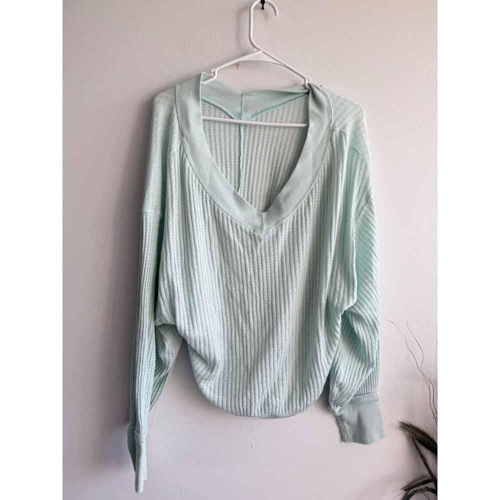 Free People Women Mint Green Ribbed Knit V-Neck Dolman Sleeve Oversized Top 3898
